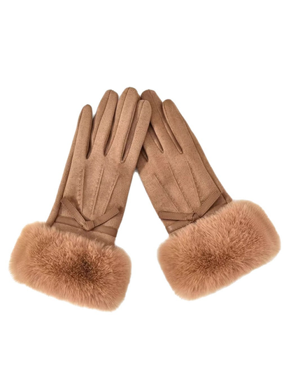 Caramel gloves with furry cuffs and bow trim, front view