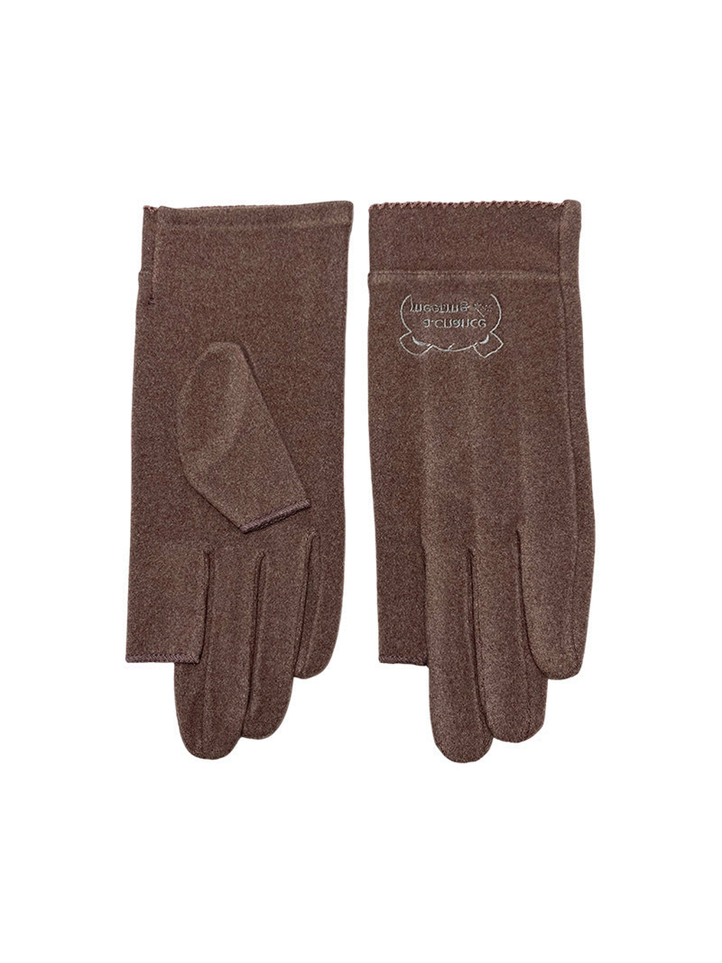 Brown fingerless gloves with embroidered cuff emblem on a white background