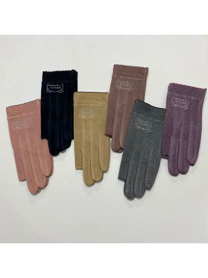 Black, gray, purple, khaki, brown and pink fingerless gloves displayed together