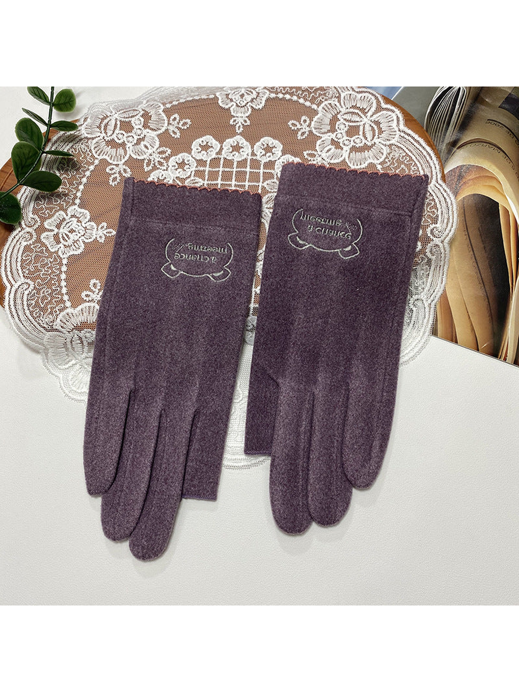 Heather Purple fingerless gloves with a small embroidered cuff emblem
