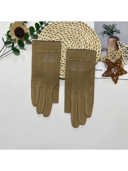 Khaki fingerless gloves with a small embroidered cuff emblem