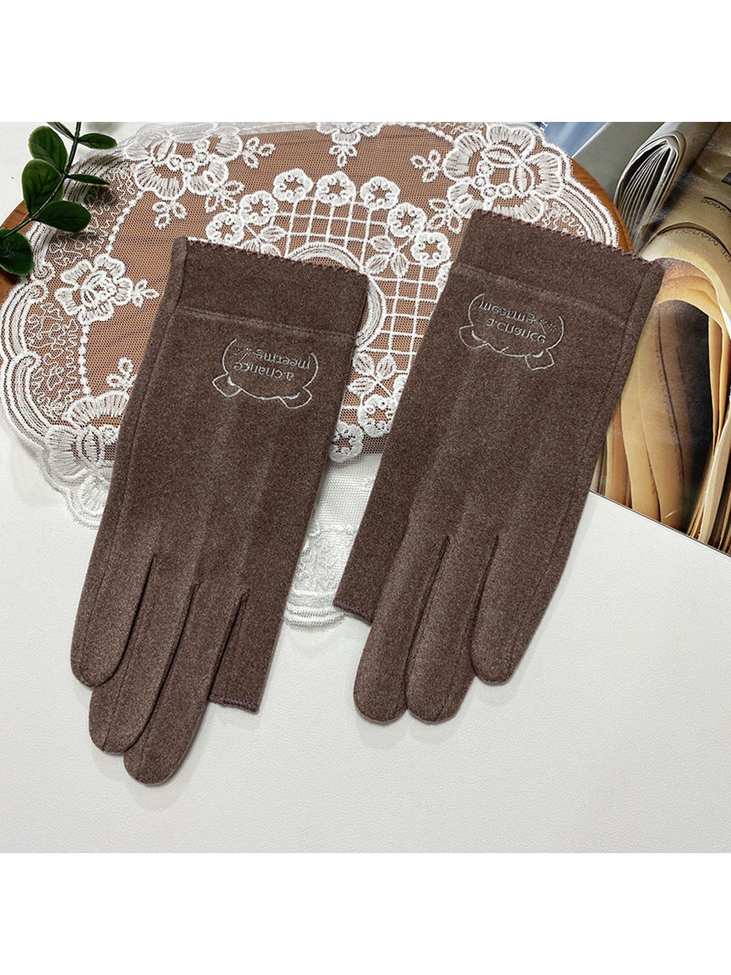 Coffee fingerless gloves with a small embroidered cuff emblem