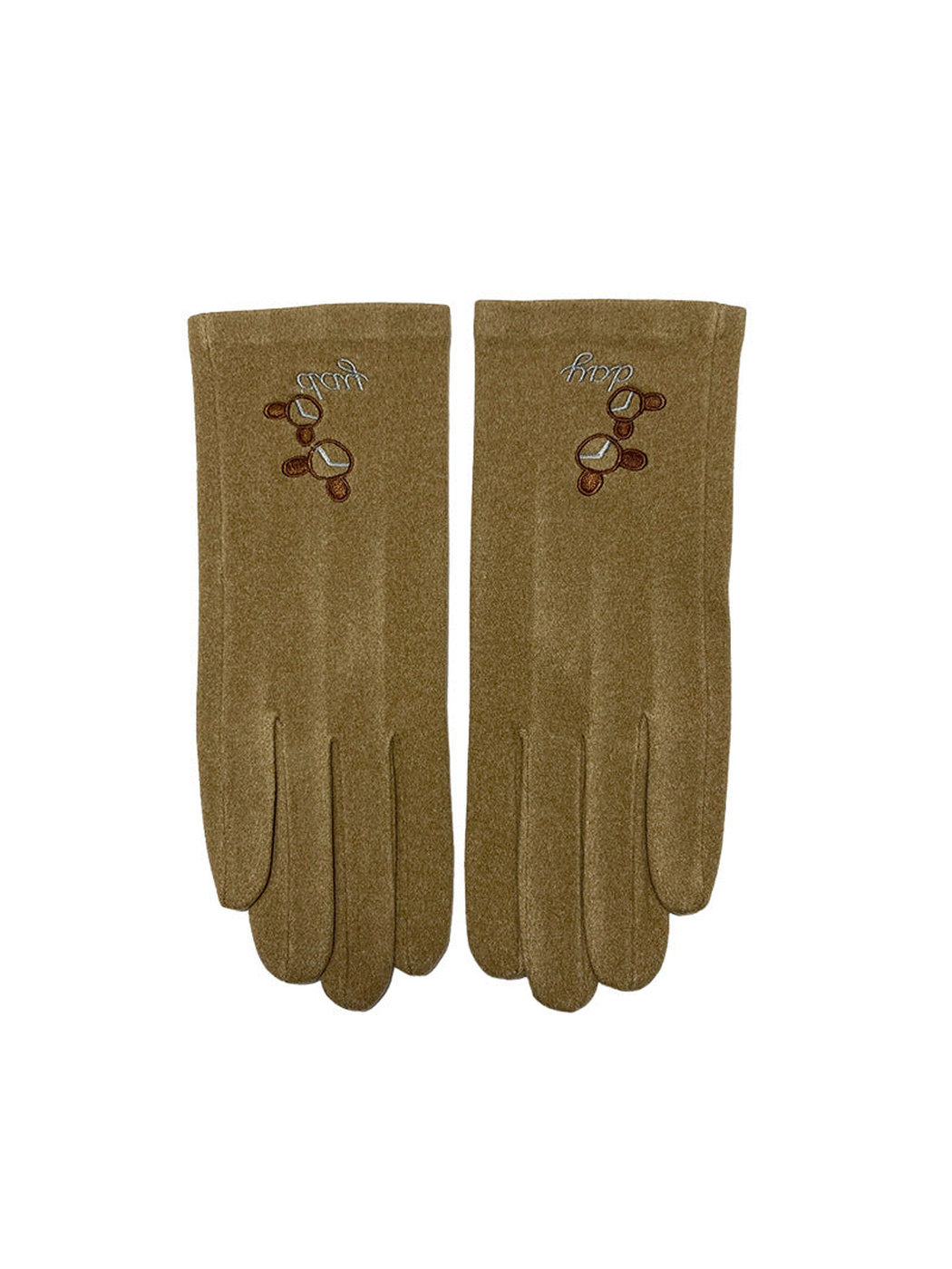 Khaki embroidered gloves, front view