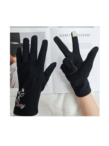 Black gloves worn to show the palm and embroidered back