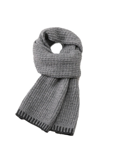 Light gray ribbed scarf with contrasting barred end border on white background