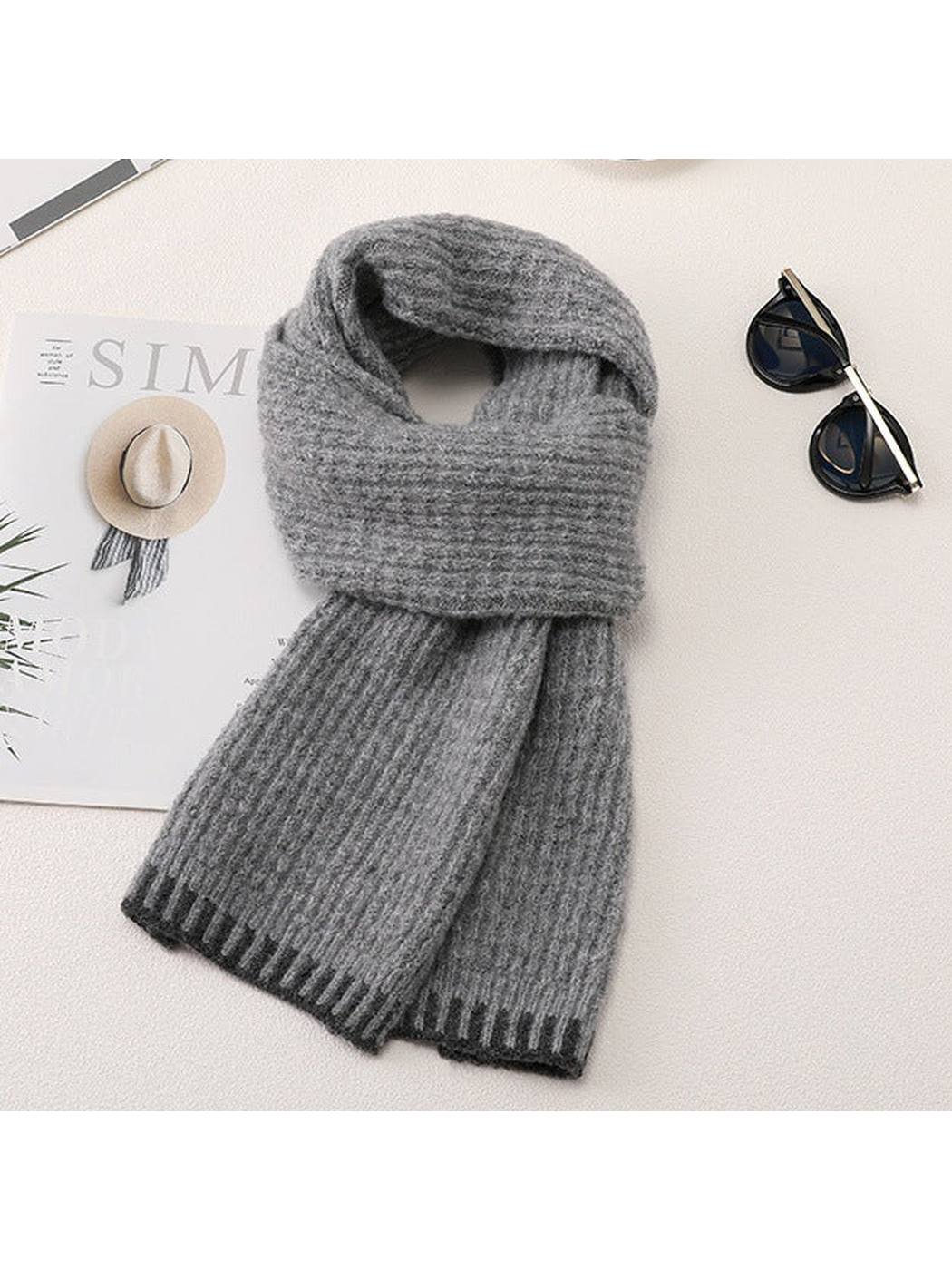 Light Gray ribbed scarf with contrasting barred end border