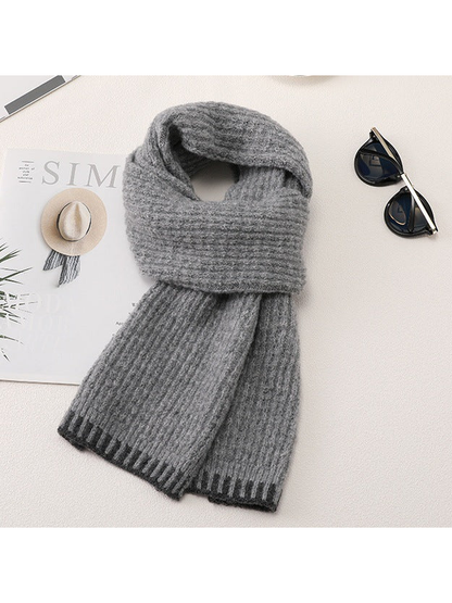 Light Gray ribbed scarf with contrasting barred end border