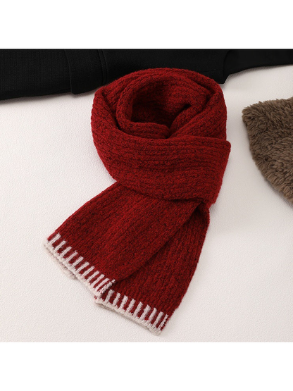 Burgundy ribbed scarf with contrasting barred end border