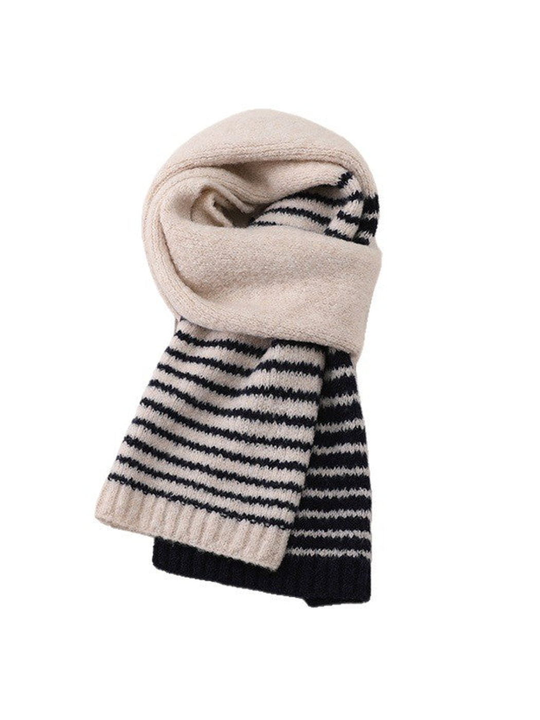 Beige scarf with navy horizontal stripes and ribbed ends