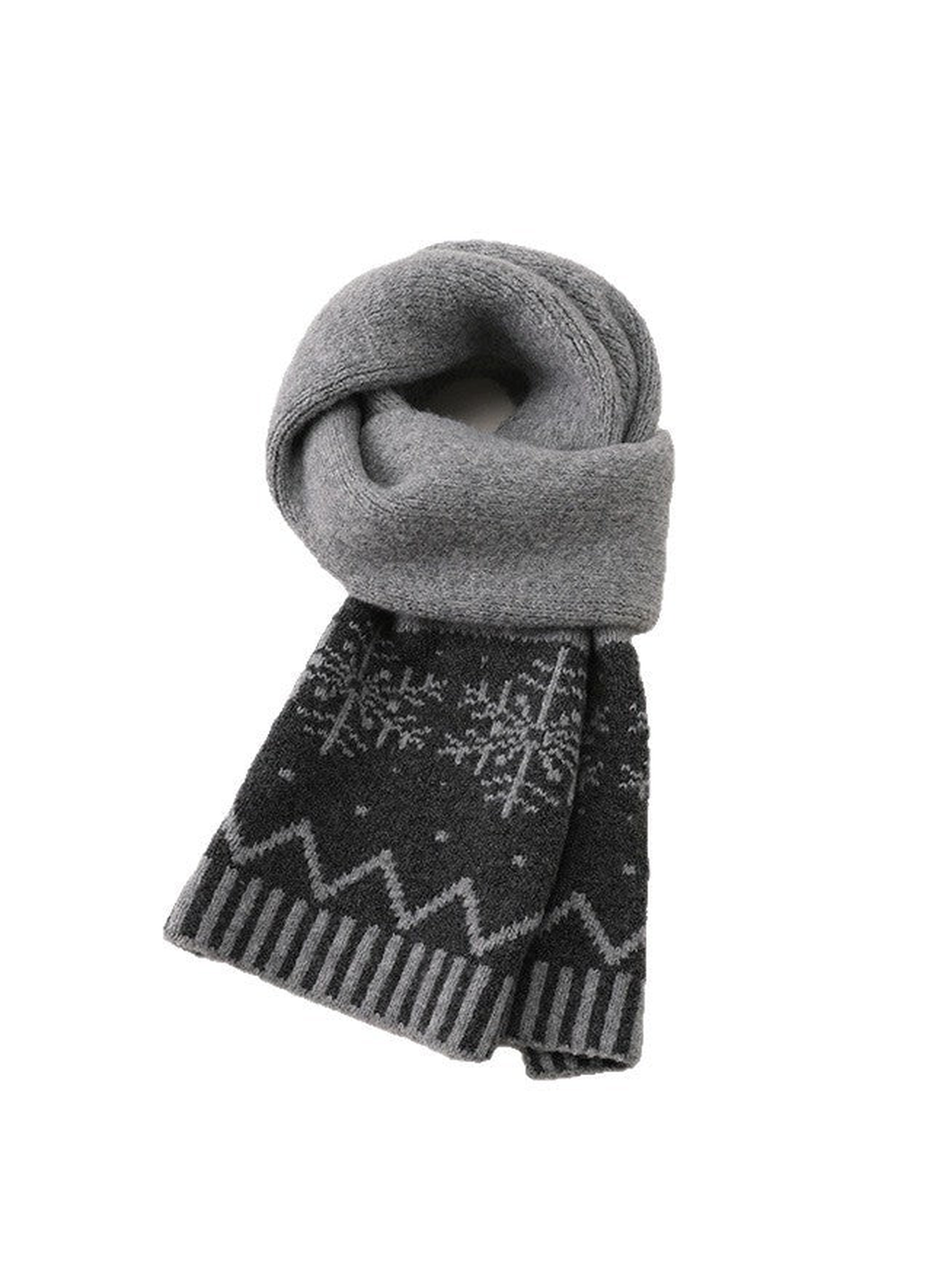 Gray long scarf with snowflake motifs and striped border