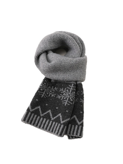 Gray long scarf with snowflake motifs and striped border