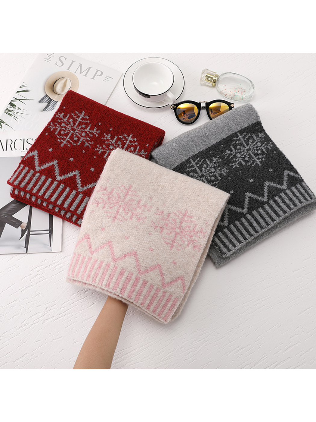 Red, Gray and Beige snowflake scarves displayed together