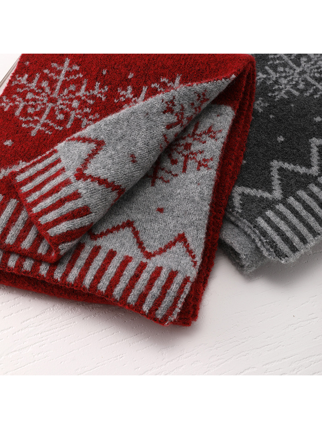 Close-up of the Red and Gray scarves showing their contrasting reverse patterns