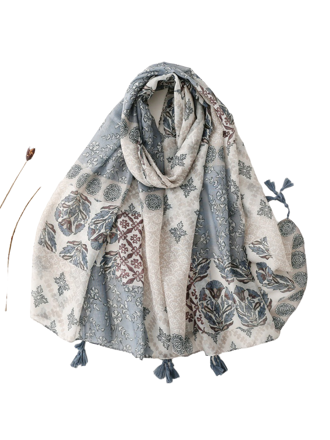 Blue-gray and ivory patchwork floral scarf with tassels, draped view