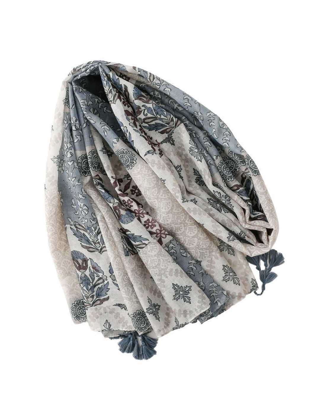 Blue-gray and ivory patterned scarf with tassels, loosely draped view