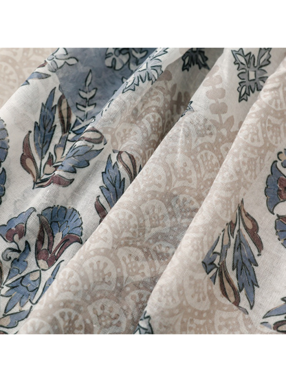 Close-up of ivory floral panels and muted blue-gray pattern sections
