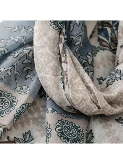 Close-up of layered blue-gray and beige patterned scarf panels