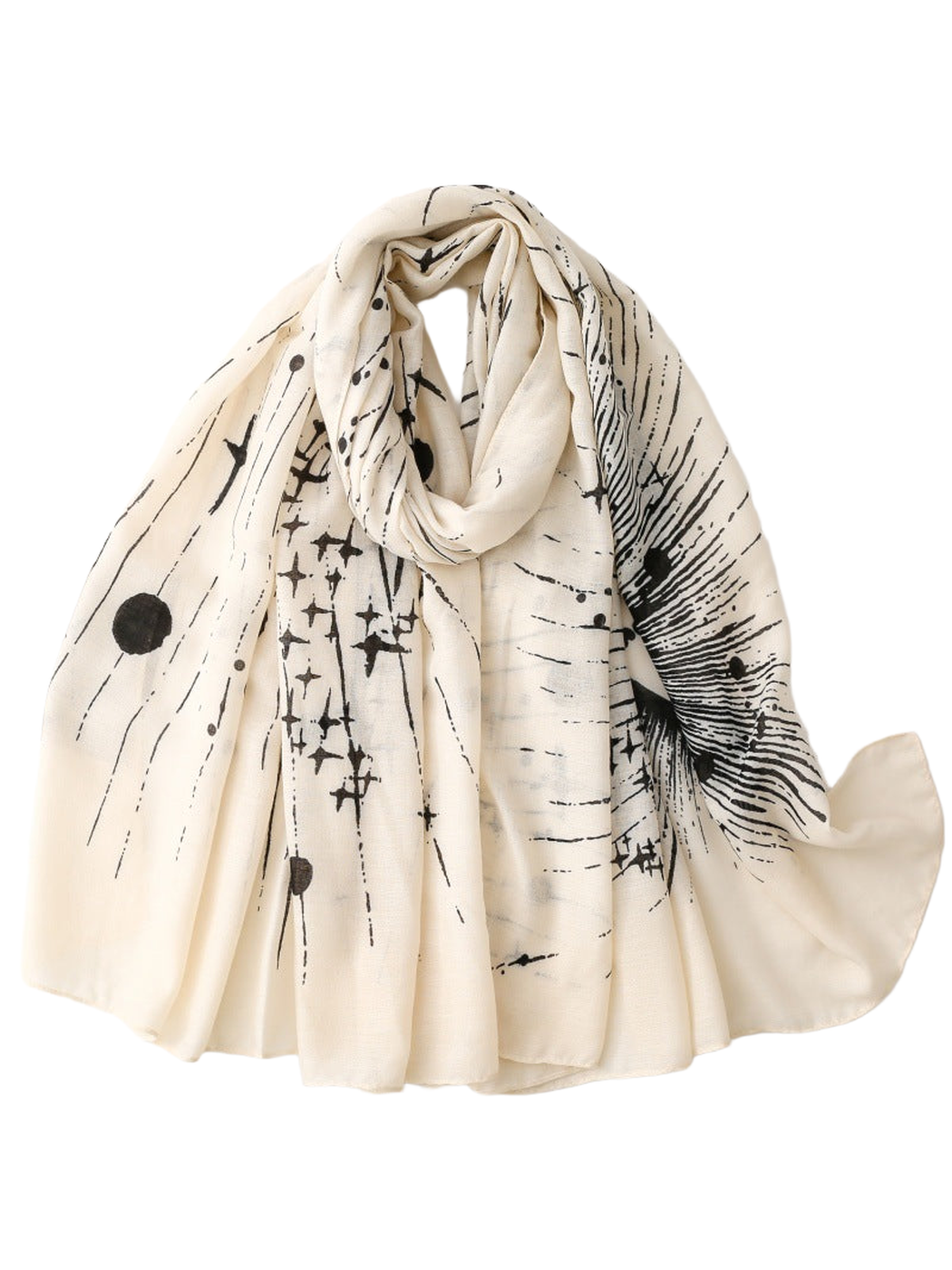 Ivory scarf with black abstract celestial print, draped view
