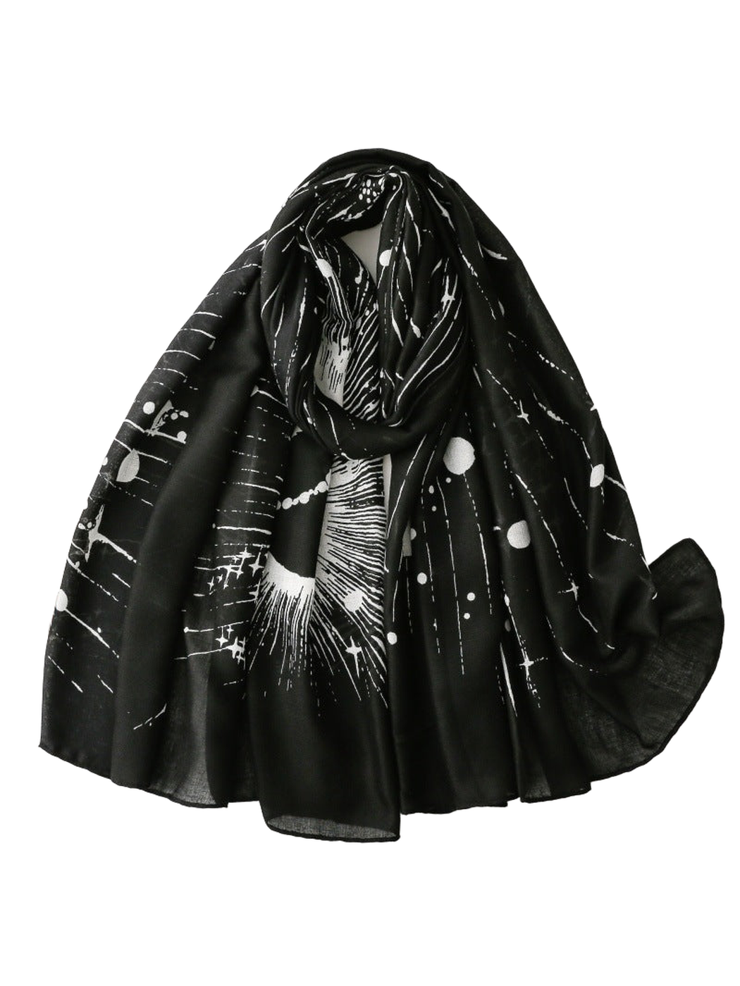 Black scarf with white abstract celestial print, draped view