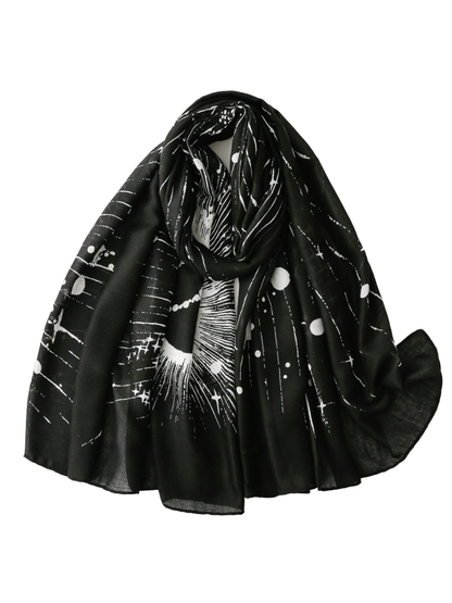 Black scarf with white abstract celestial print, draped view