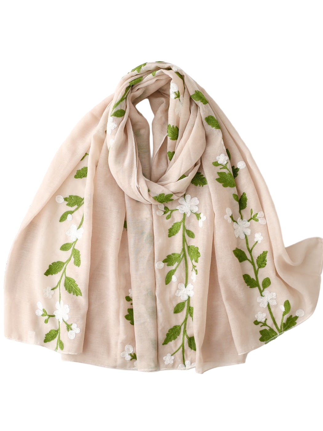 Beige scarf with green leafy vines and white floral embroidery, draped view