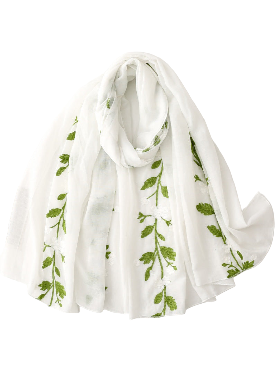White scarf with green leafy vines and white floral embroidery, draped view