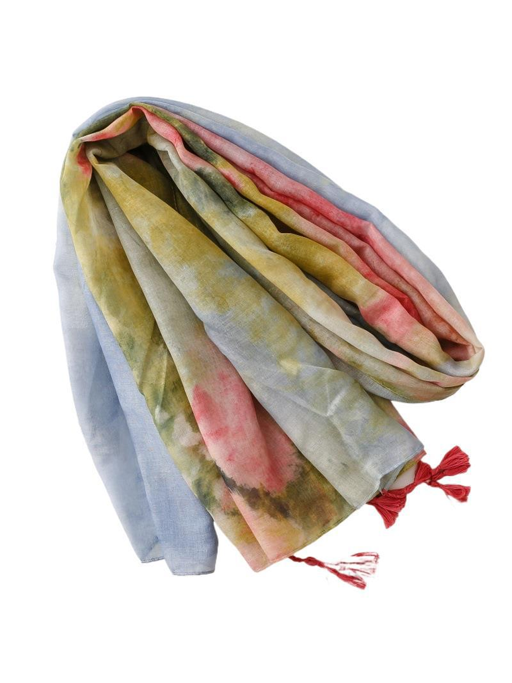 Multicolor abstract-pattern scarf draped in loose folds with red tassels