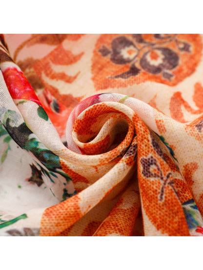 Close-up of the scarf's fine semi-sheer weave and multicolor print