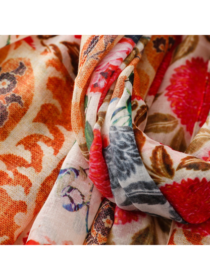 Close-up of the scarf's floral, botanical and ornamental print sections