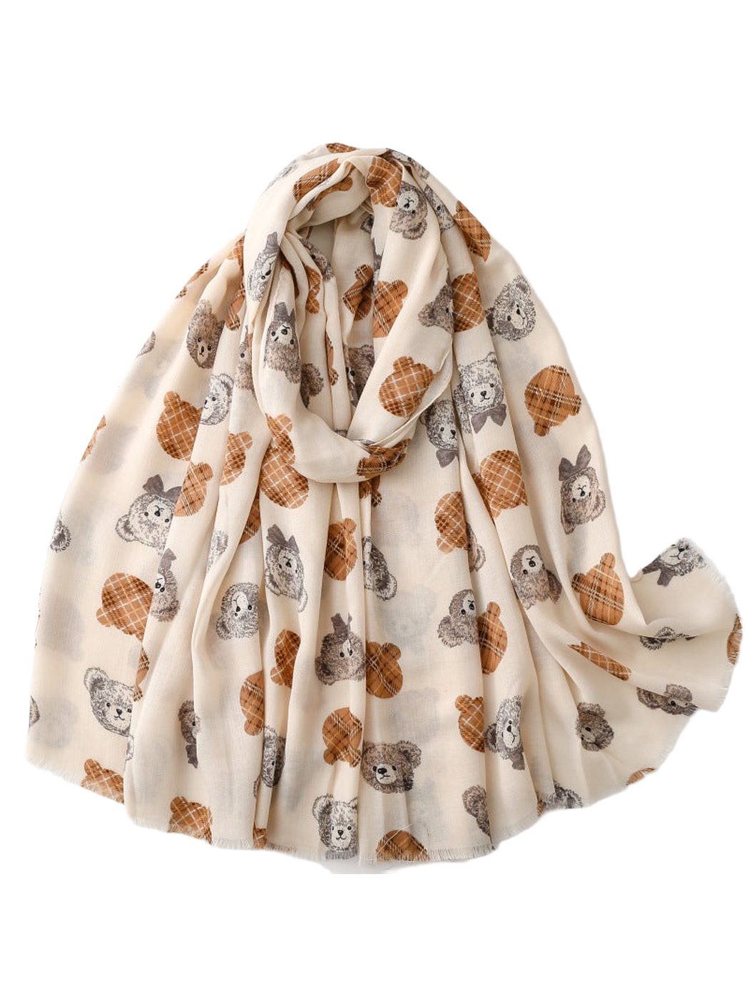 Ivory scarf with teddy bear pattern and short fringe, draped view
