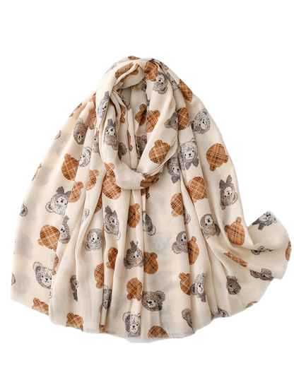 Ivory scarf with teddy bear pattern and short fringe, draped view