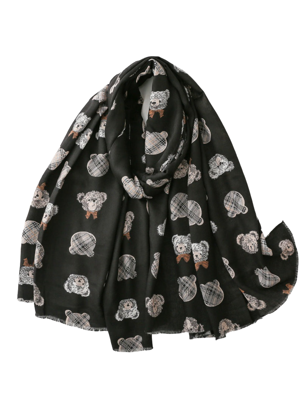 Black scarf with teddy bear pattern and short fringe, draped view