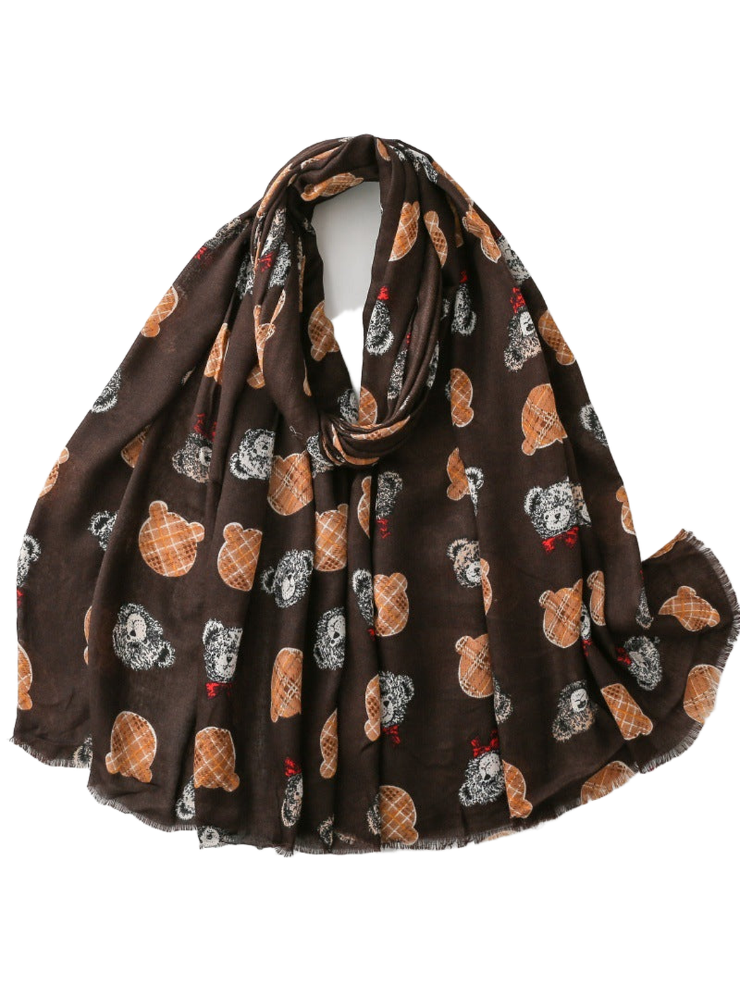 Dark Brown scarf with teddy bear pattern and short fringe, draped view