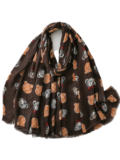 Dark Brown scarf with teddy bear pattern and short fringe, draped view