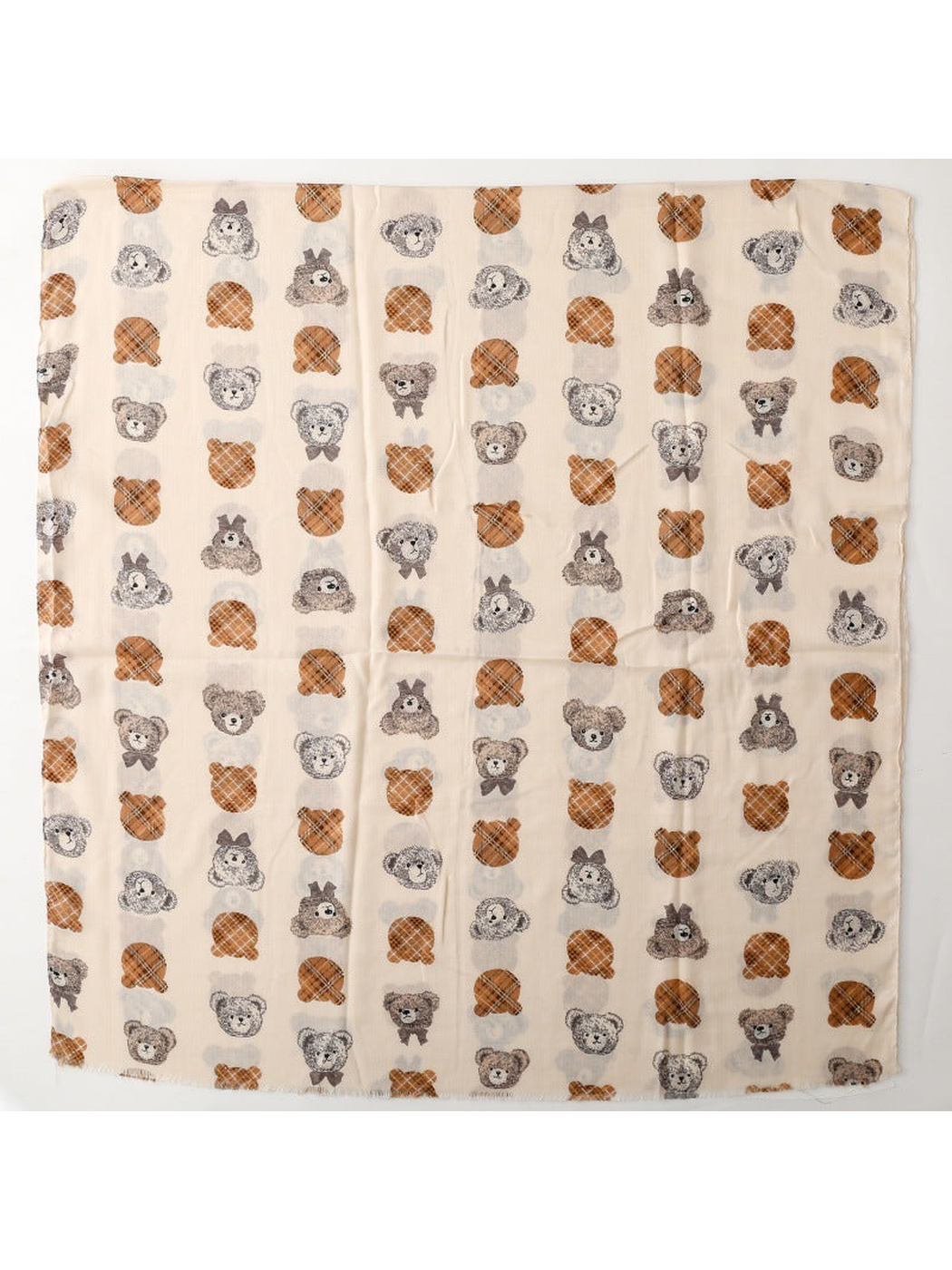 Ivory teddy bear pattern scarf laid flat to show its full rectangular shape