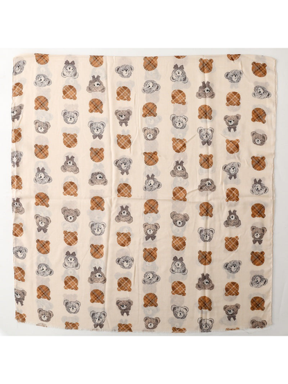 Ivory teddy bear pattern scarf laid flat to show its full rectangular shape