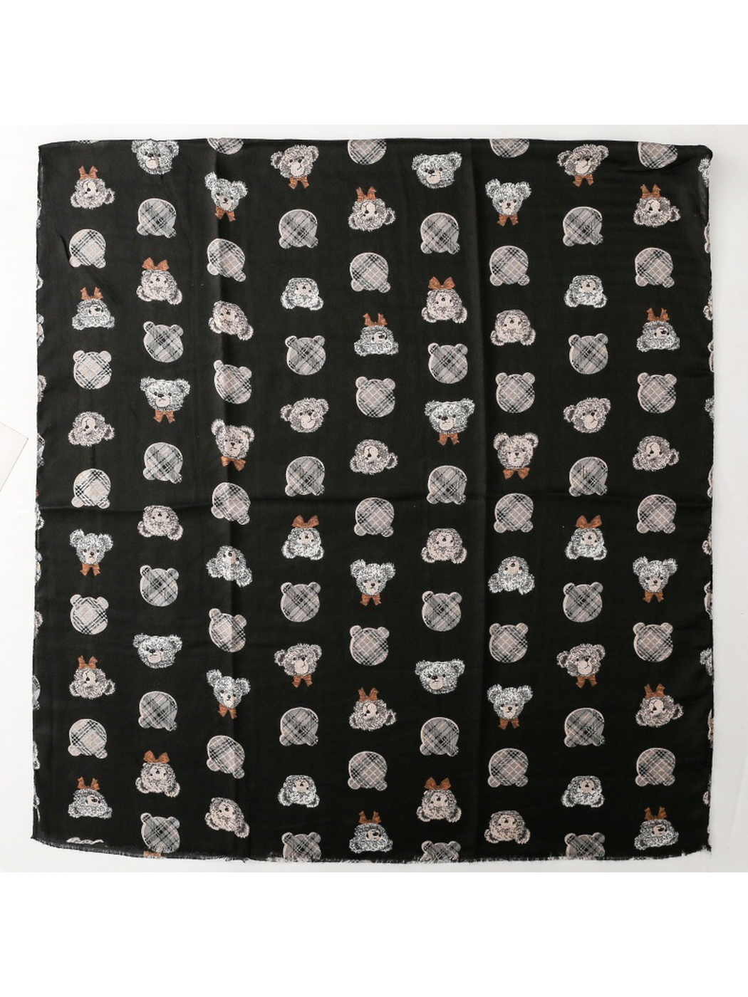 Black teddy bear pattern scarf laid flat to show its full rectangular shape