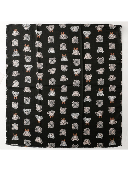 Black teddy bear pattern scarf laid flat to show its full rectangular shape