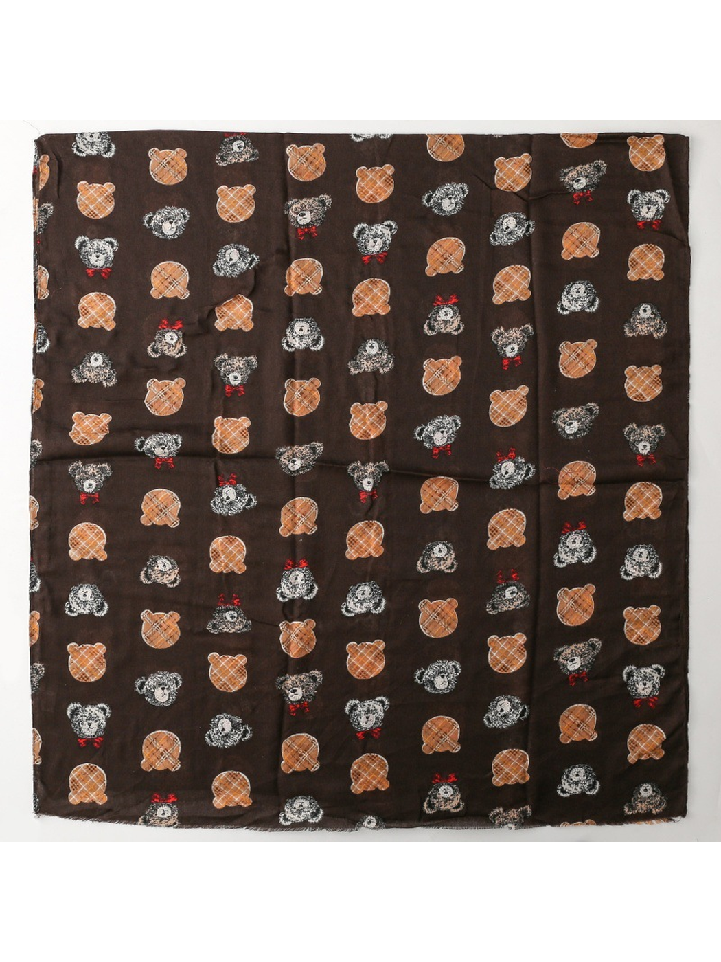 Dark Brown teddy bear pattern scarf laid flat to show its full rectangular shape