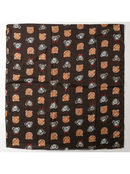 Dark Brown teddy bear pattern scarf laid flat to show its full rectangular shape