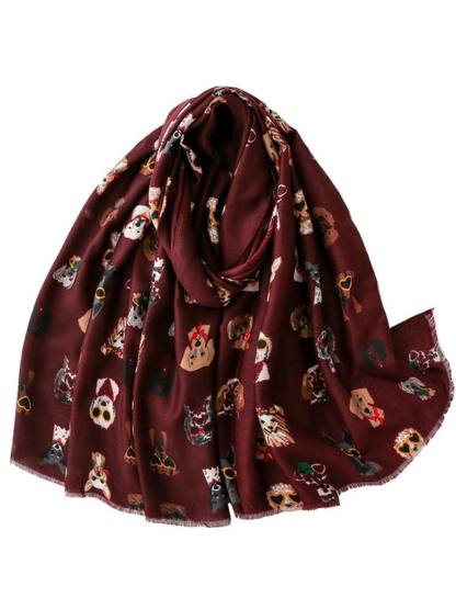 Burgundy scarf with multicolored dog portrait print, draped view