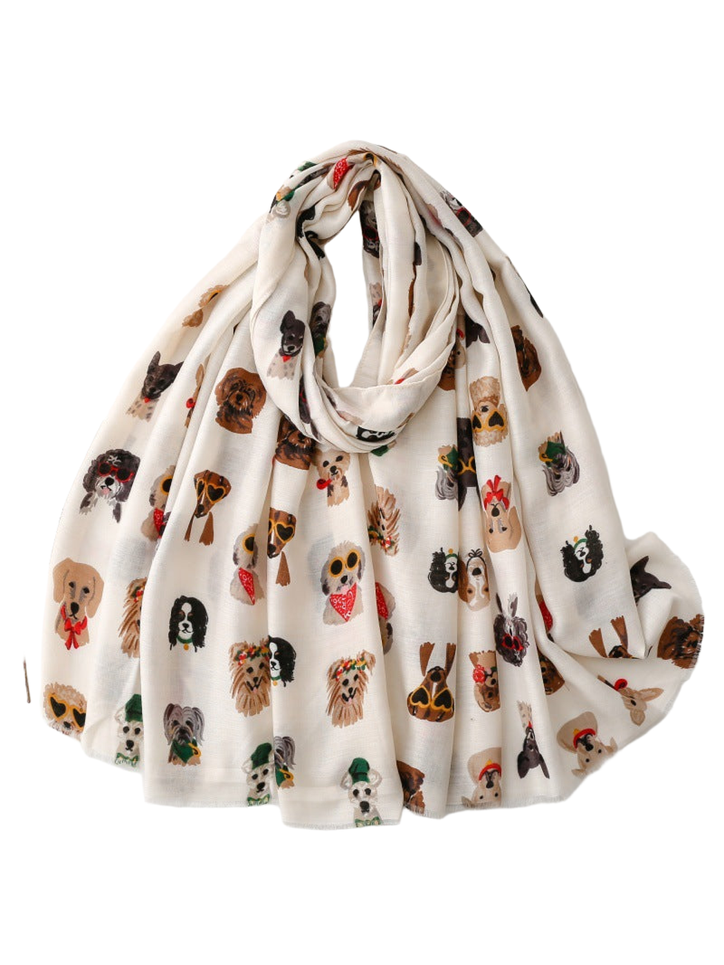 Ivory scarf with multicolored dog portrait print, draped view