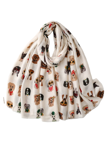 Ivory scarf with multicolored dog portrait print, draped view