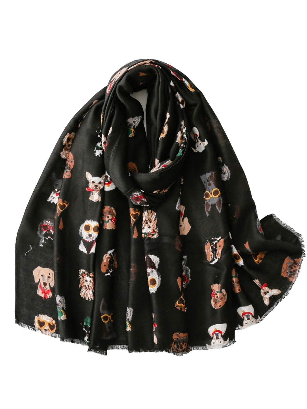 Black scarf with multicolored dog portrait print, draped view