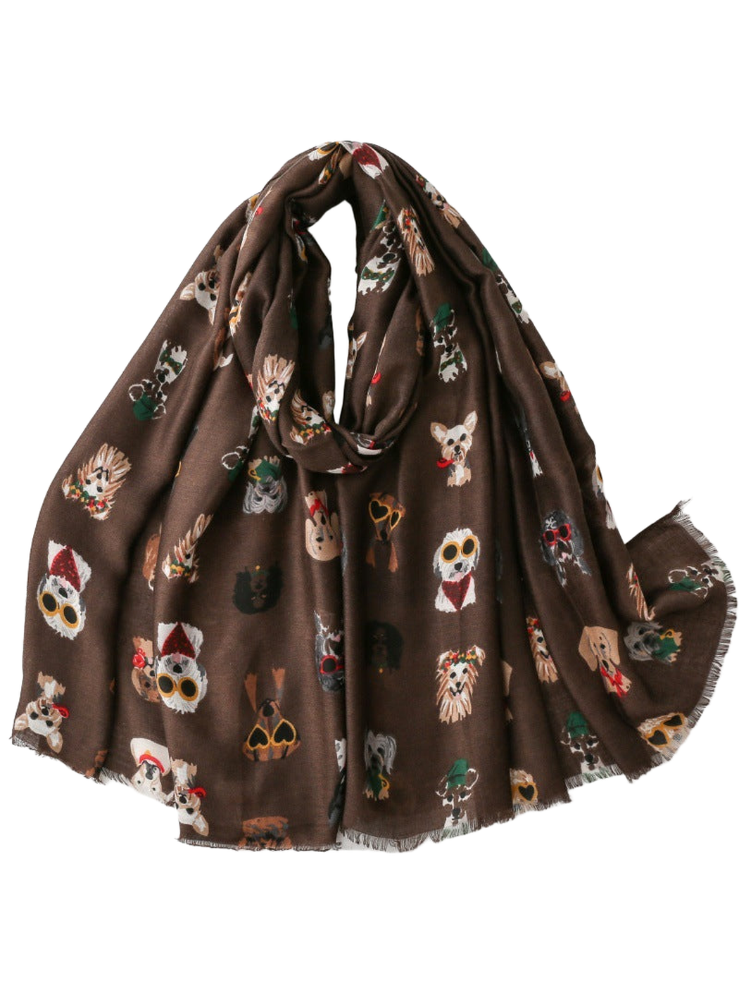 Brown scarf with multicolored dog portrait print, draped view