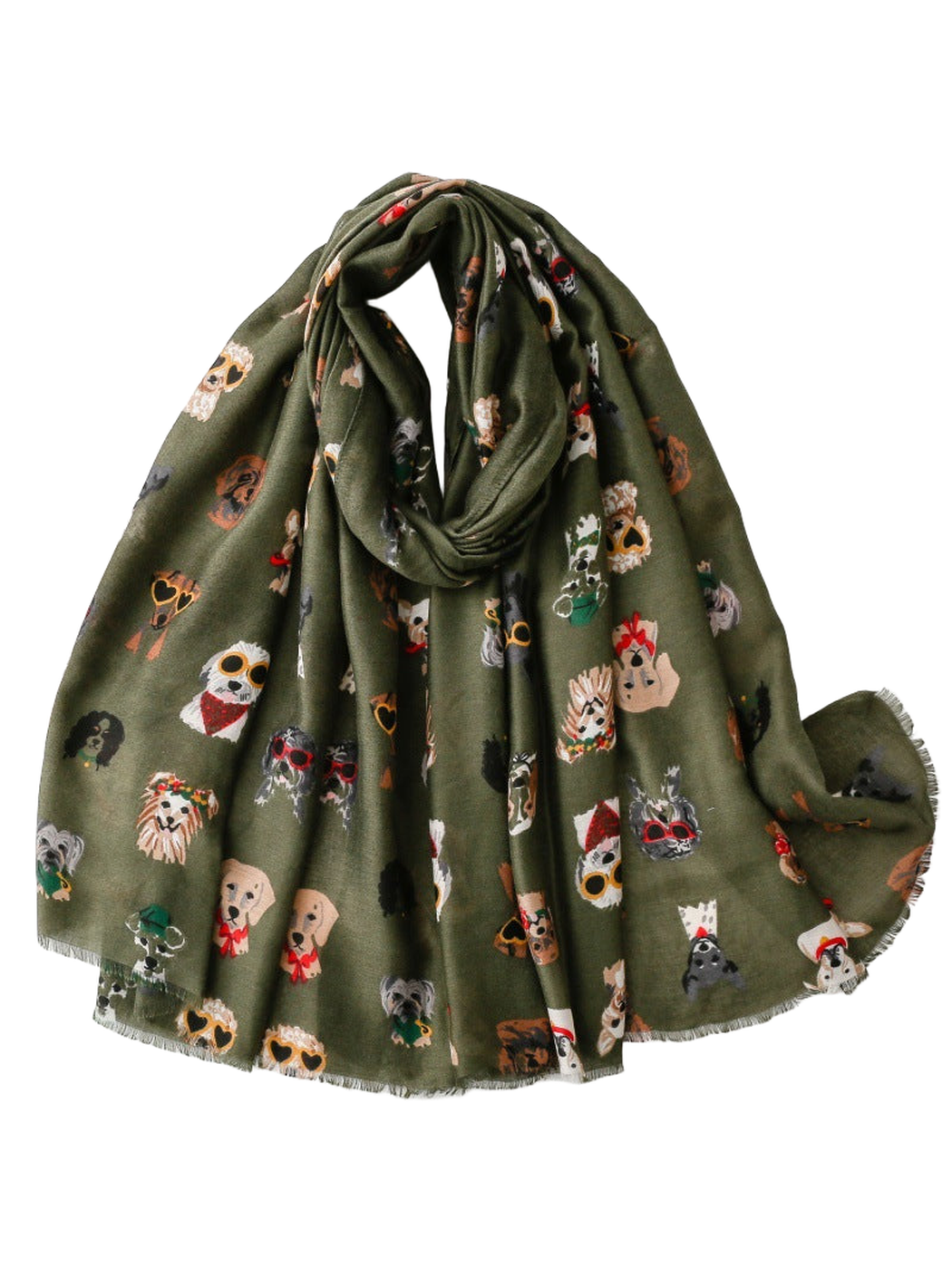 Army Green scarf with multicolored dog portrait print, draped view