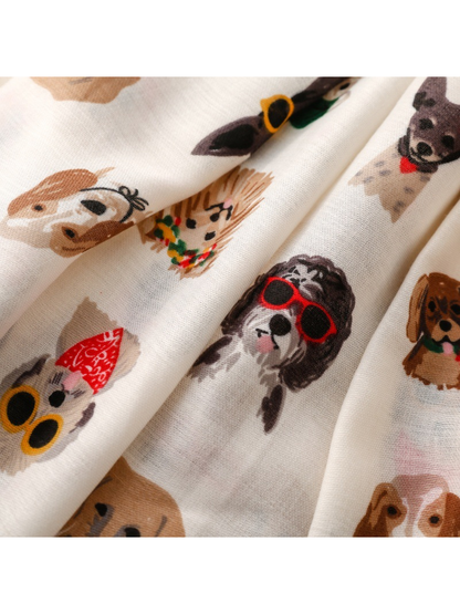 Close-up of colorful dog portraits and the fine scarf weave