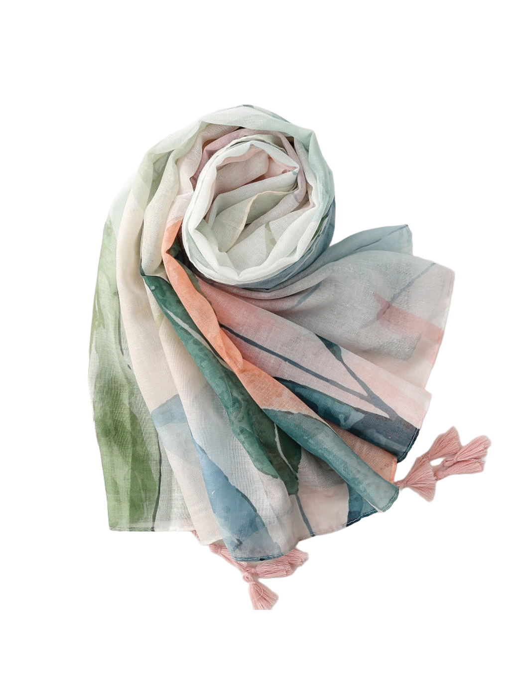 Multicolor watercolor botanical scarf with pink tassels in a looped drape