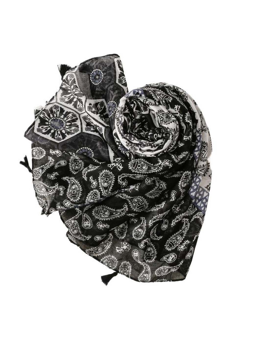 Multicolor patchwork scarf with paisley motifs in a dimensional rolled and draped view