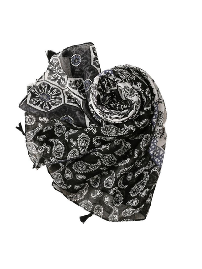 Multicolor patchwork scarf with paisley motifs in a dimensional rolled and draped view
